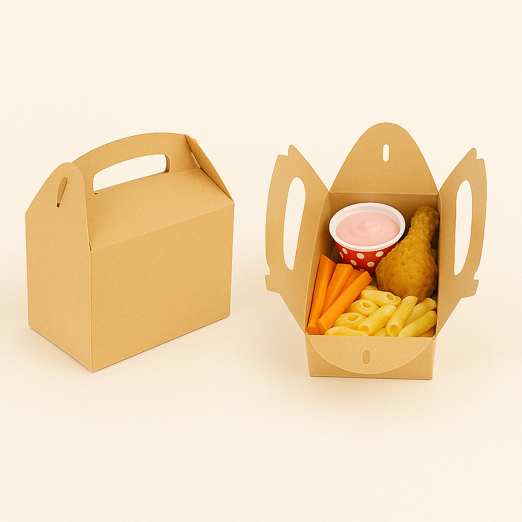 Mealbox color avana: una chiusa ed un aperta che mostra un pranzo Uno yogurt, pasta, carote, coscia di pollo)