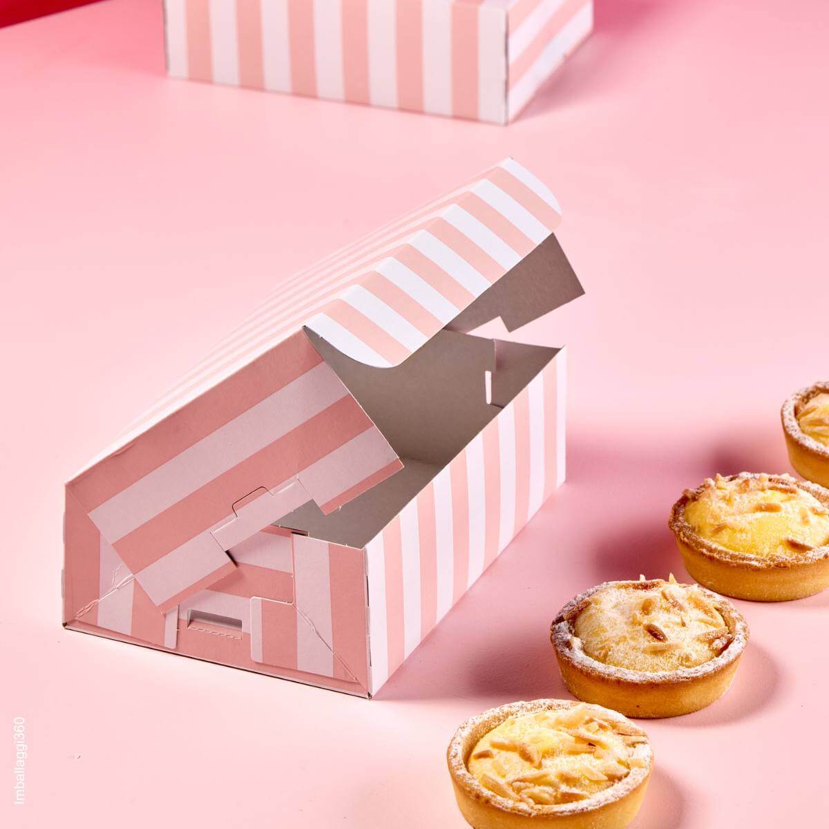 Scatola per alimenti pasticceria formato rettangolare con stampa righe bianco e rosa perfetta per piccola pasticceria