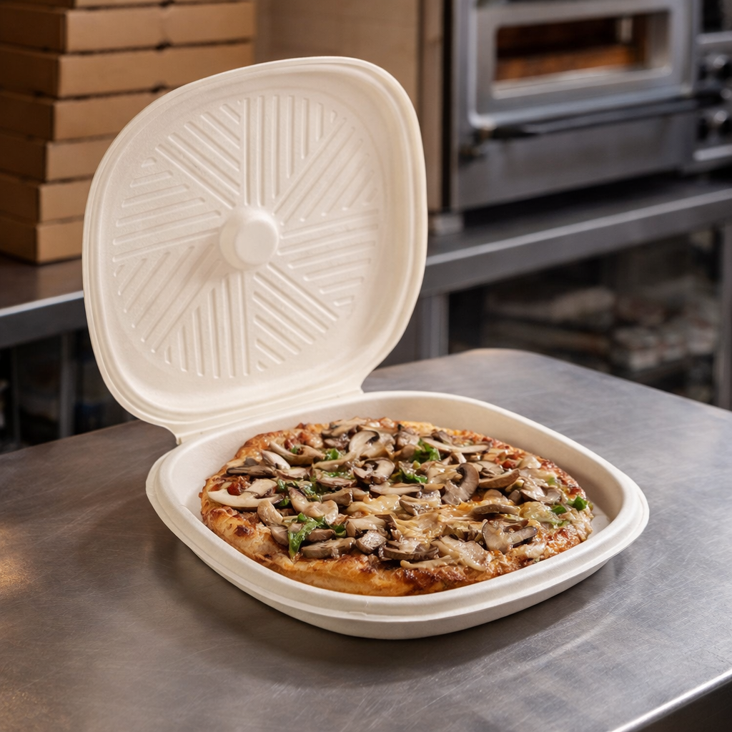 Scatola pizza con coperchio con dentro una pizza, sul tavolo d'acciaio di una pizzeria 