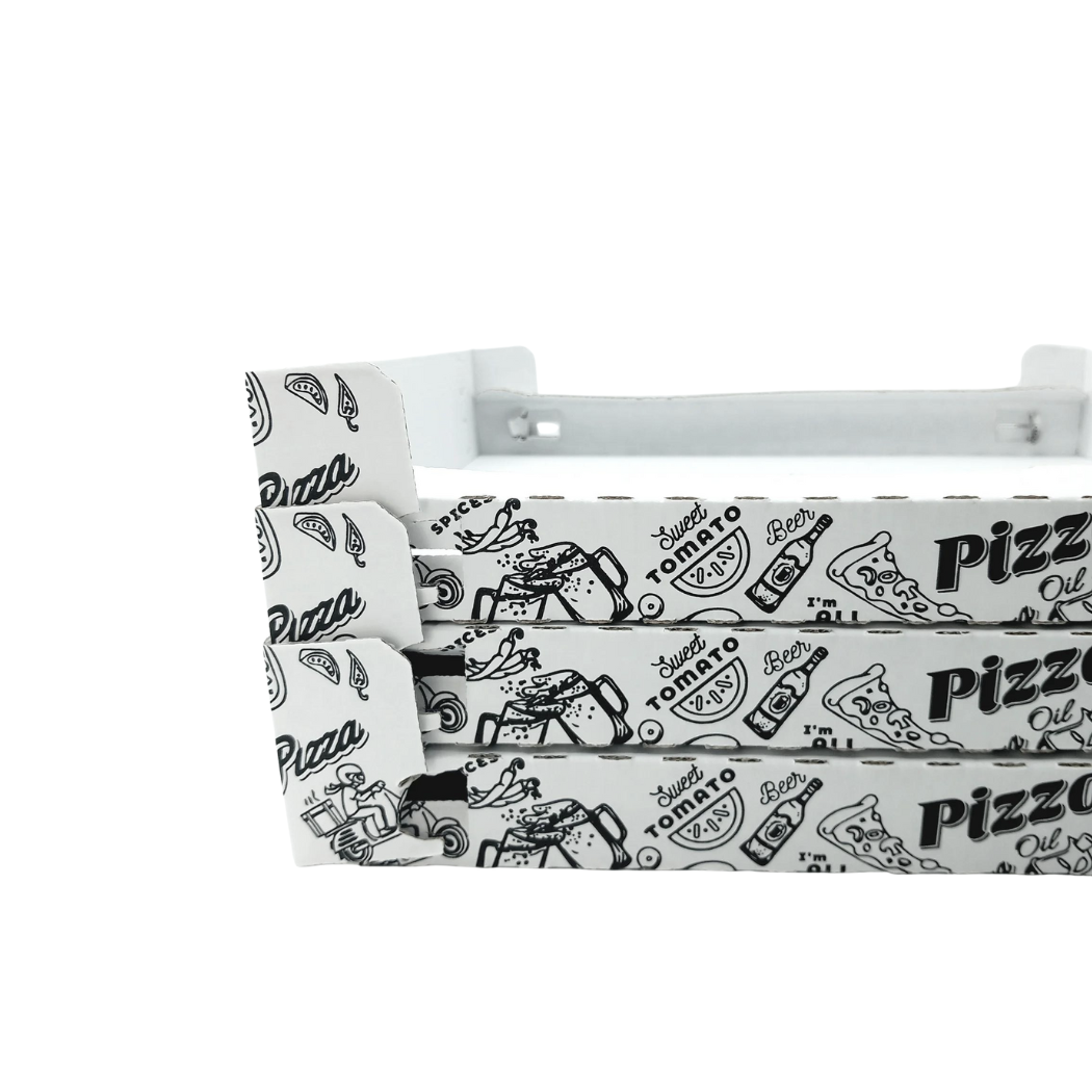 Scatola per pizza a cubo, bianca con fantasie nere dettaglio