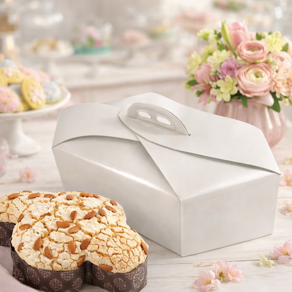 Scatola porta colomba bianca esagonale su un tavolo vicino ad una colomba e a dei vasetti con fiori 