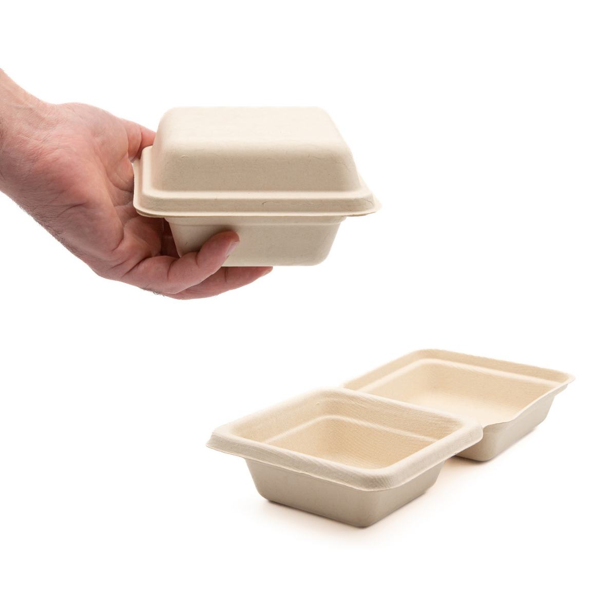 Scatola quadrata e hamburger, con coperchio, retta chiusa da una mano e aperta 