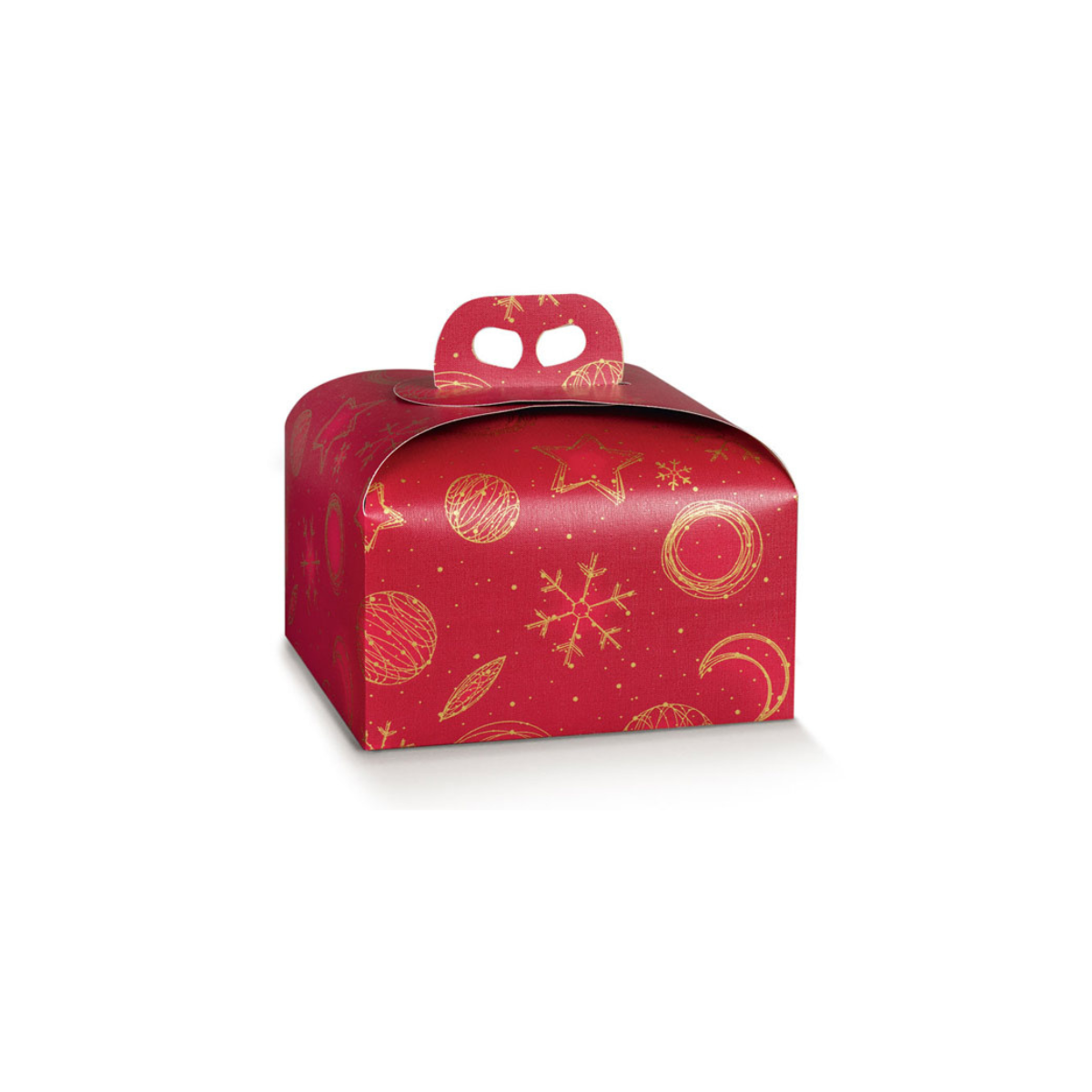 Scatola porta panettone rossa con elementi dell'universo in grafica dorata 