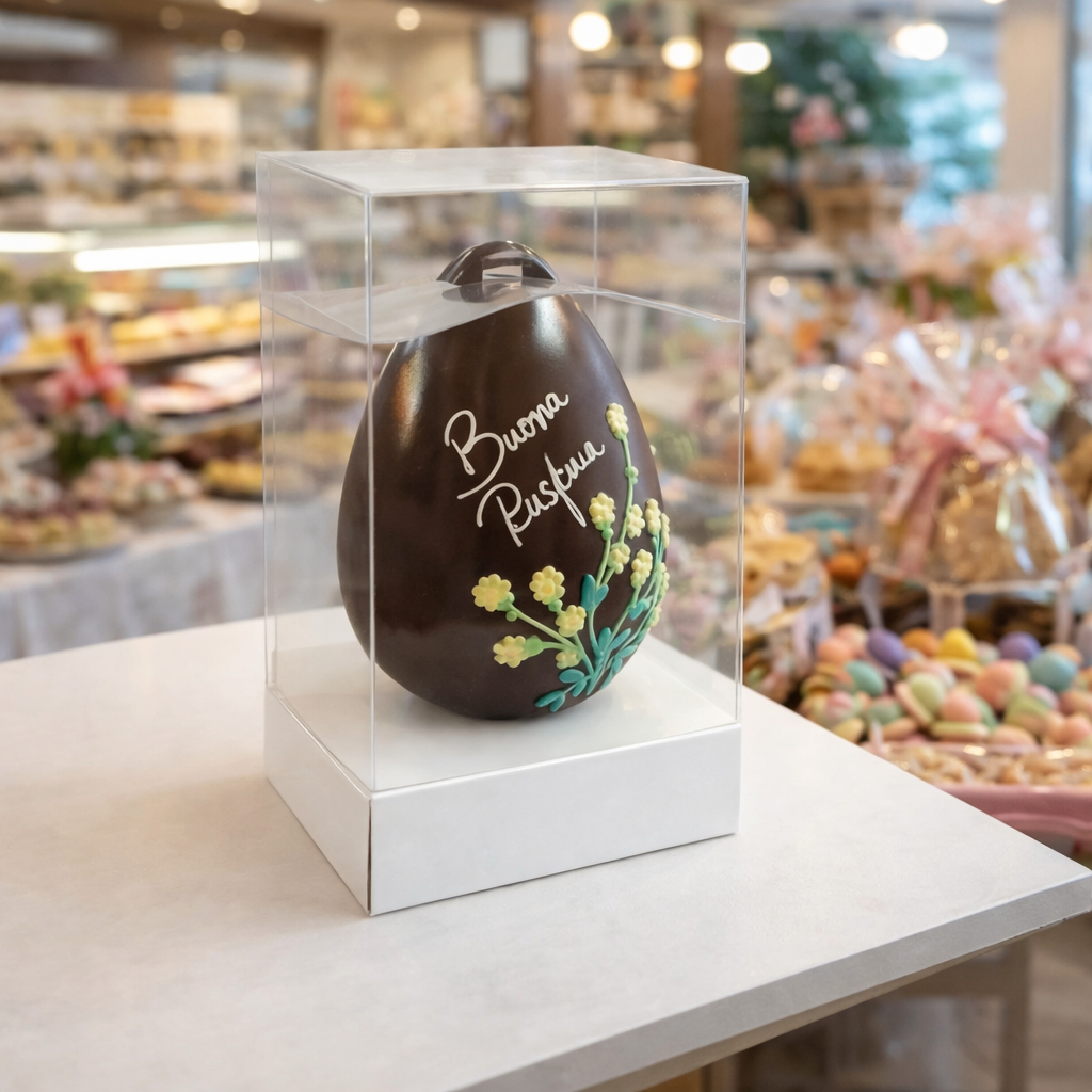 Scatola per uova di pasqua, trasparente con base bianca, con dentro uovo di cioccolato, in una pasticceria sotto Pasqua 