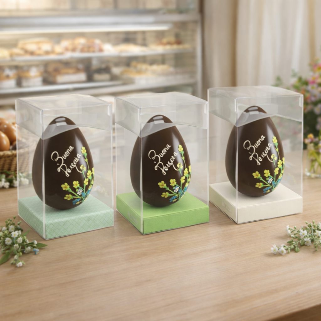 Tre scatole trasparenti porta uova di pasqua una con base verde acqua, una verde ed una bianca, con dentro uova di cioccolato sul tavolo di una pasticceria 
