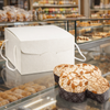 Scatola porta colomba bianca sulla vetrina di una pasticceria con vicino una colomba 