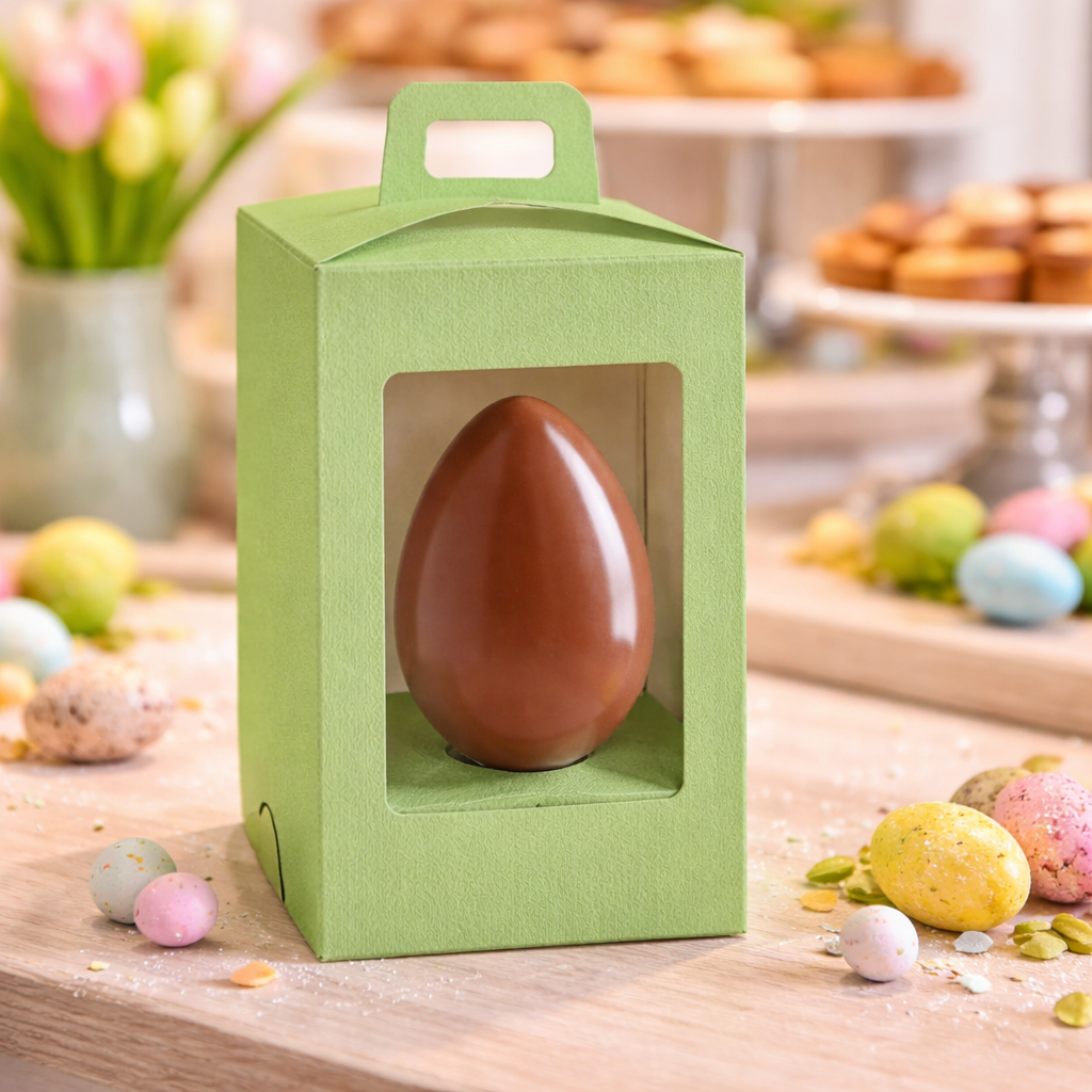 Scatola porta uovo di Pasqua verde con finestra con dentro un uovo di pasqua sul tavolo di una pasticceria tra ovetti colorati pasquali 
