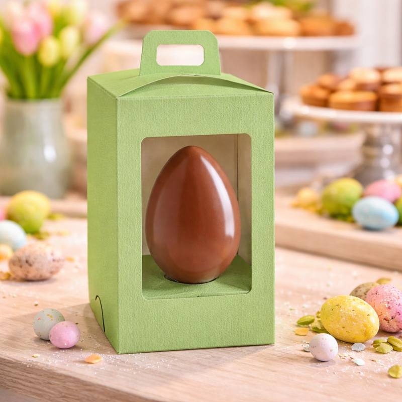 Scatola porta uovo di Pasqua verde con finestra con dentro un uovo di pasqua sul tavolo di una pasticceria tra ovetti colorati pasquali 