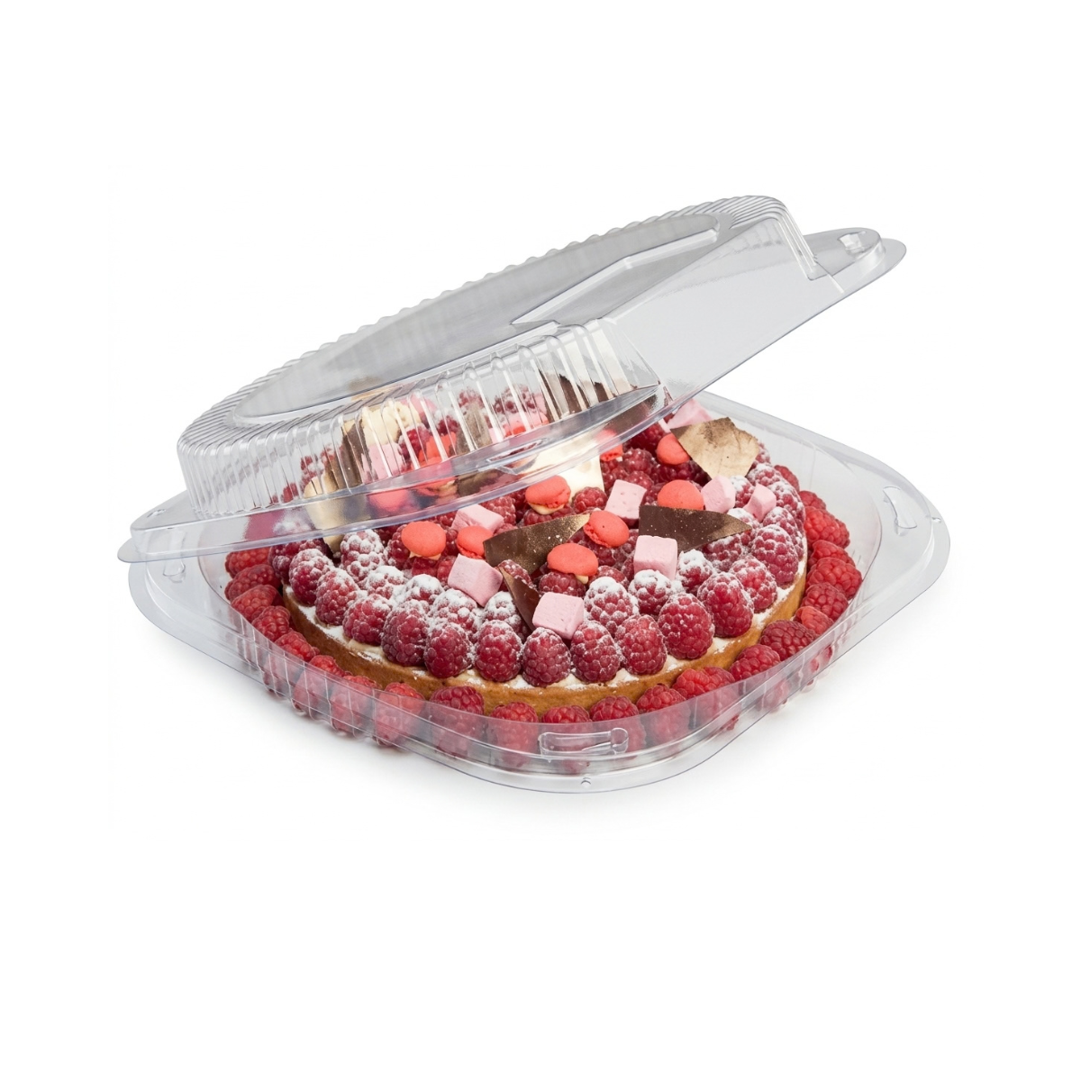 Scatola trasparente quadrata di plastica con dentro torta ai frutti di bosco