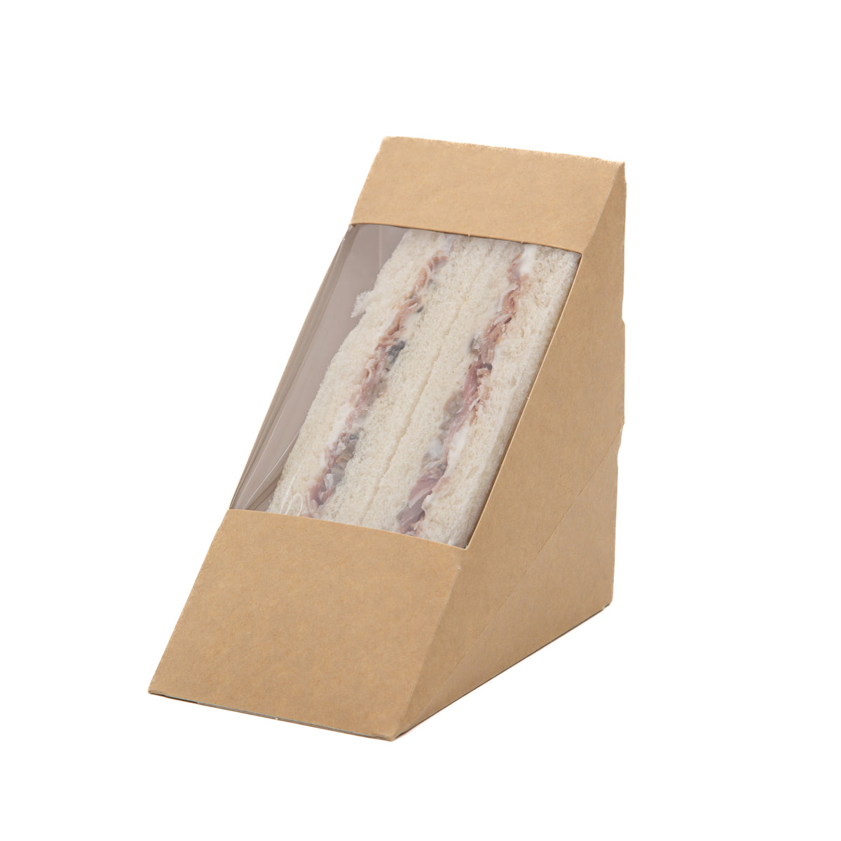 Scatola triangolare di carta color avana con finestra per tramezzino, piena