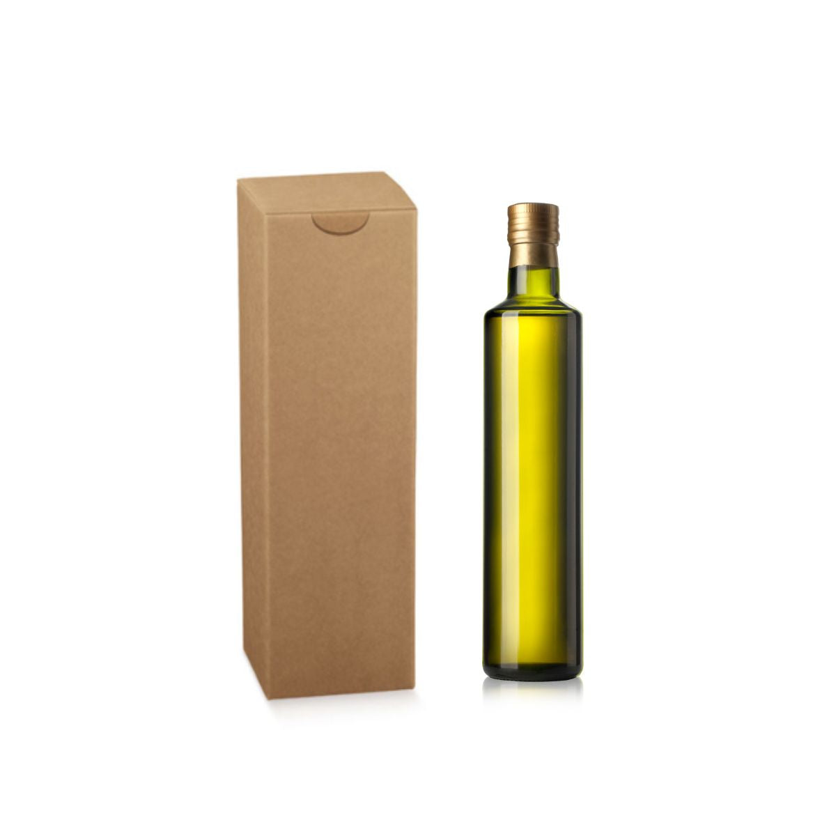 Scatola per bottiglia in cartone e bottiglia d'olio