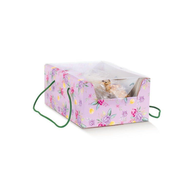 Scatola porta colomba pasquale rosa e fiori con finestra e cordini verdi. 