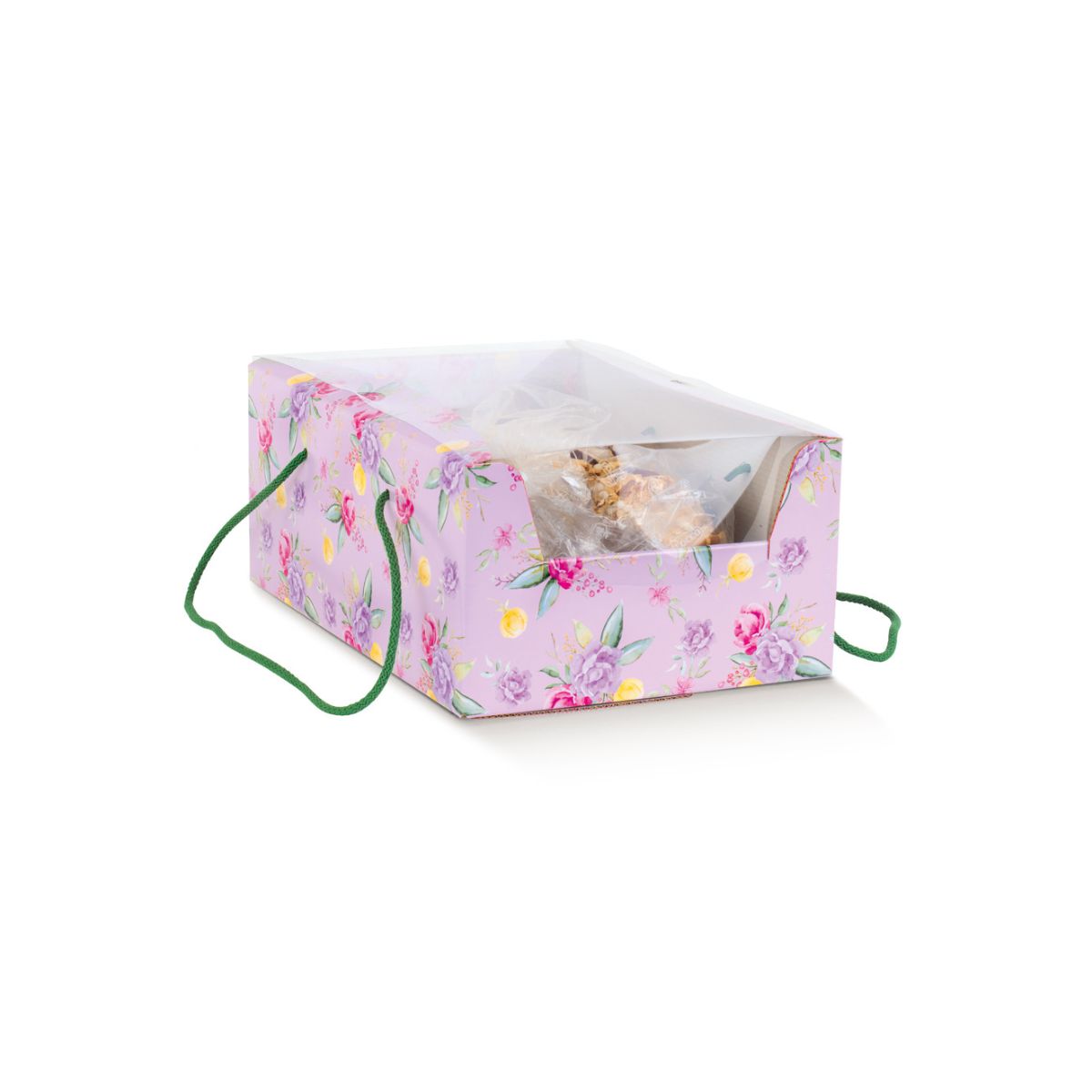 Scatola porta colomba pasquale rosa e fiori con finestra e cordini verdi. 