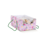 Scatola porta colomba pasquale rosa e fiori con finestra e cordini verdi. 