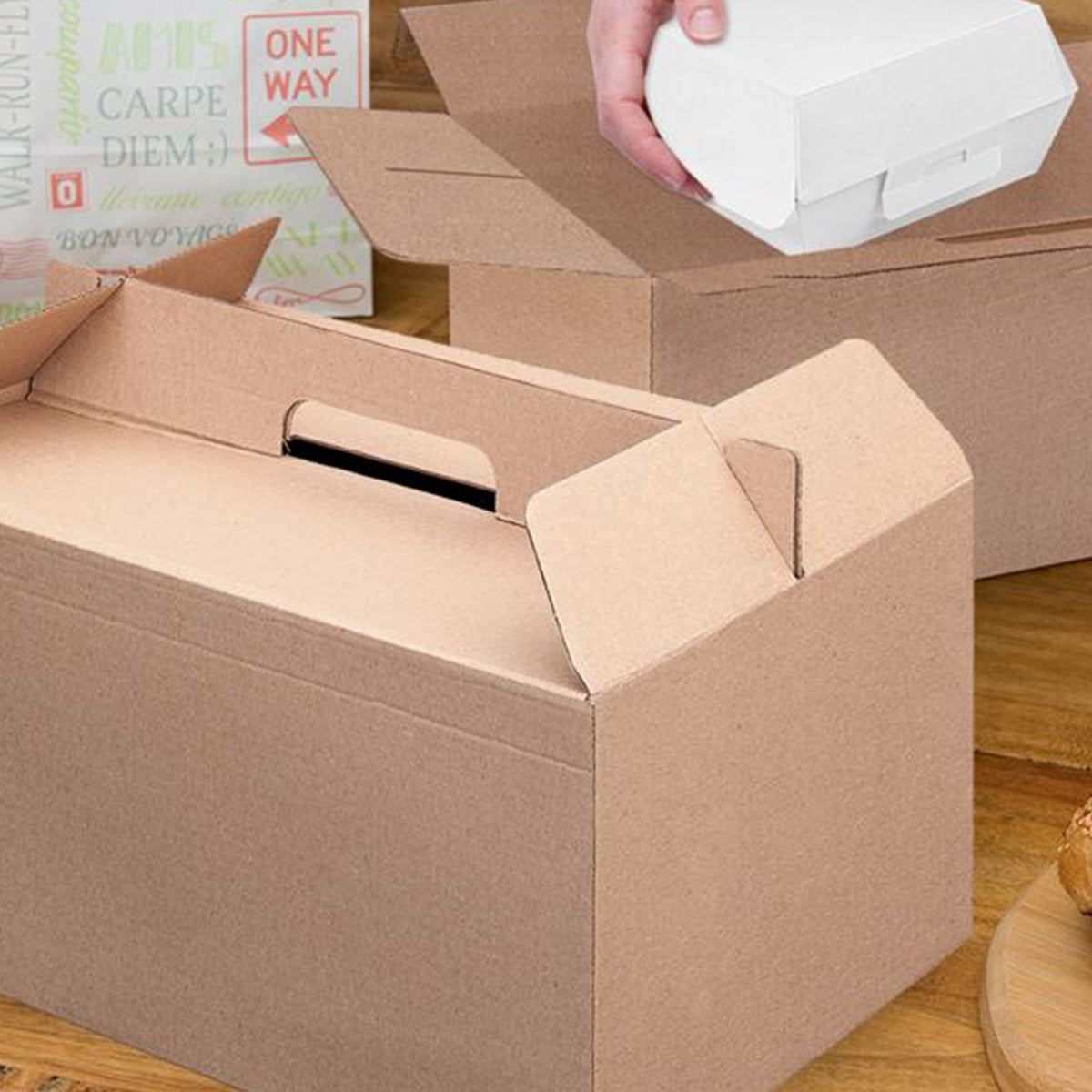 Varie scatole meal box di cartone color avana 