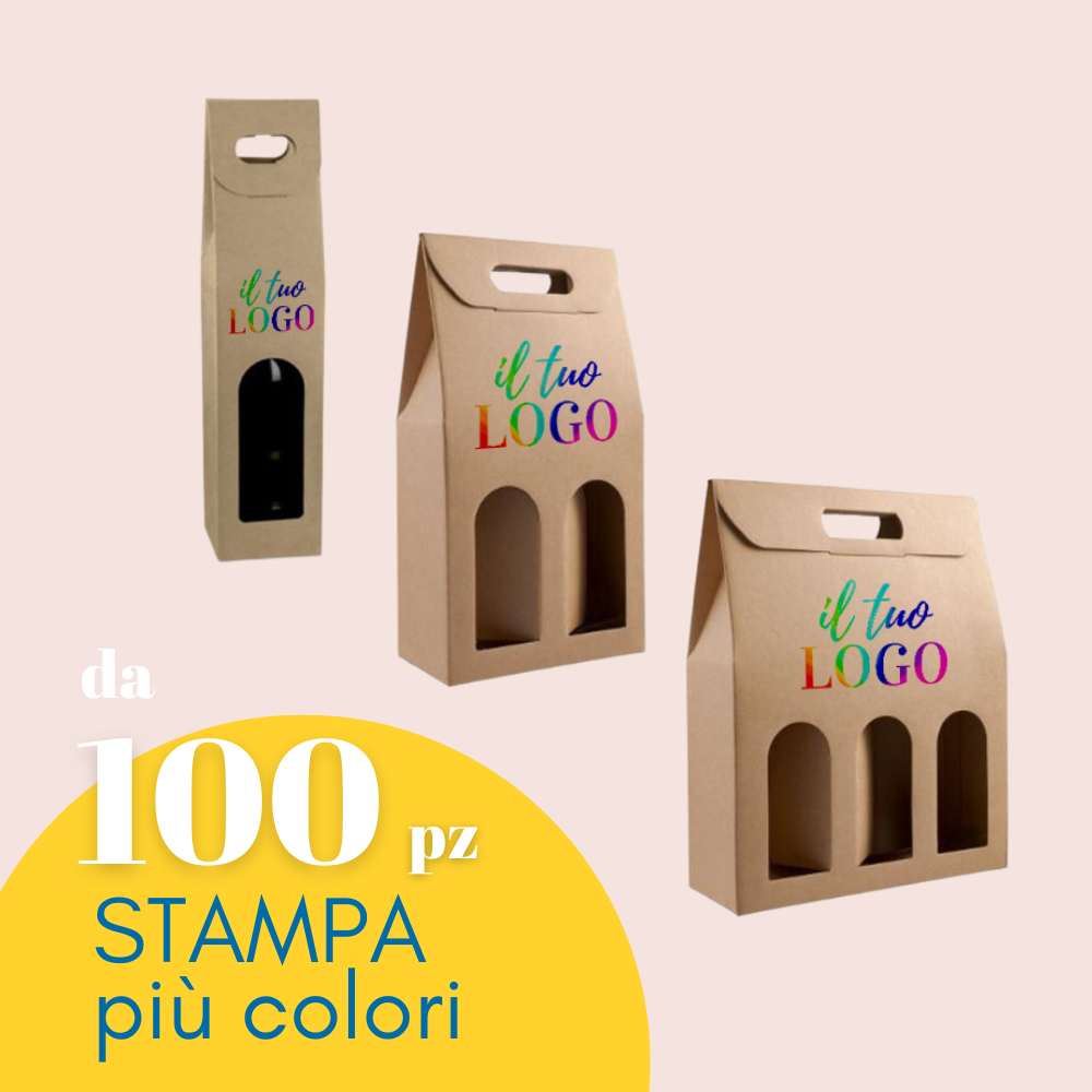 Scatole color avana, porta bottiglie, personalizzate con il tuo logo, per una, due e tre bottiglie