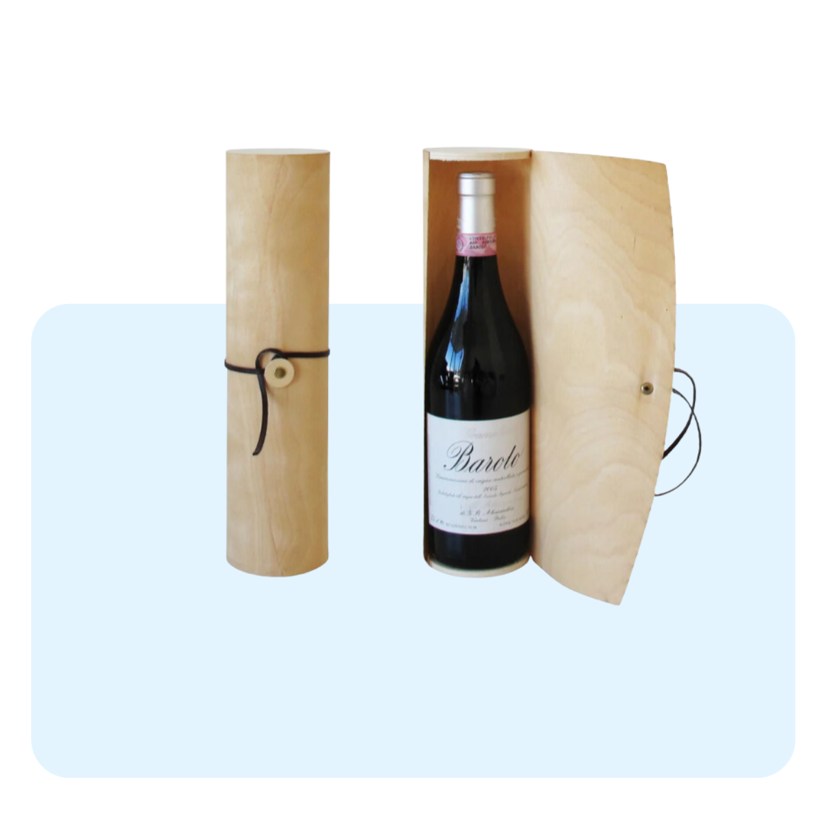 Scatola di legno tonda porta bottiglia e bottiglia di vino 
