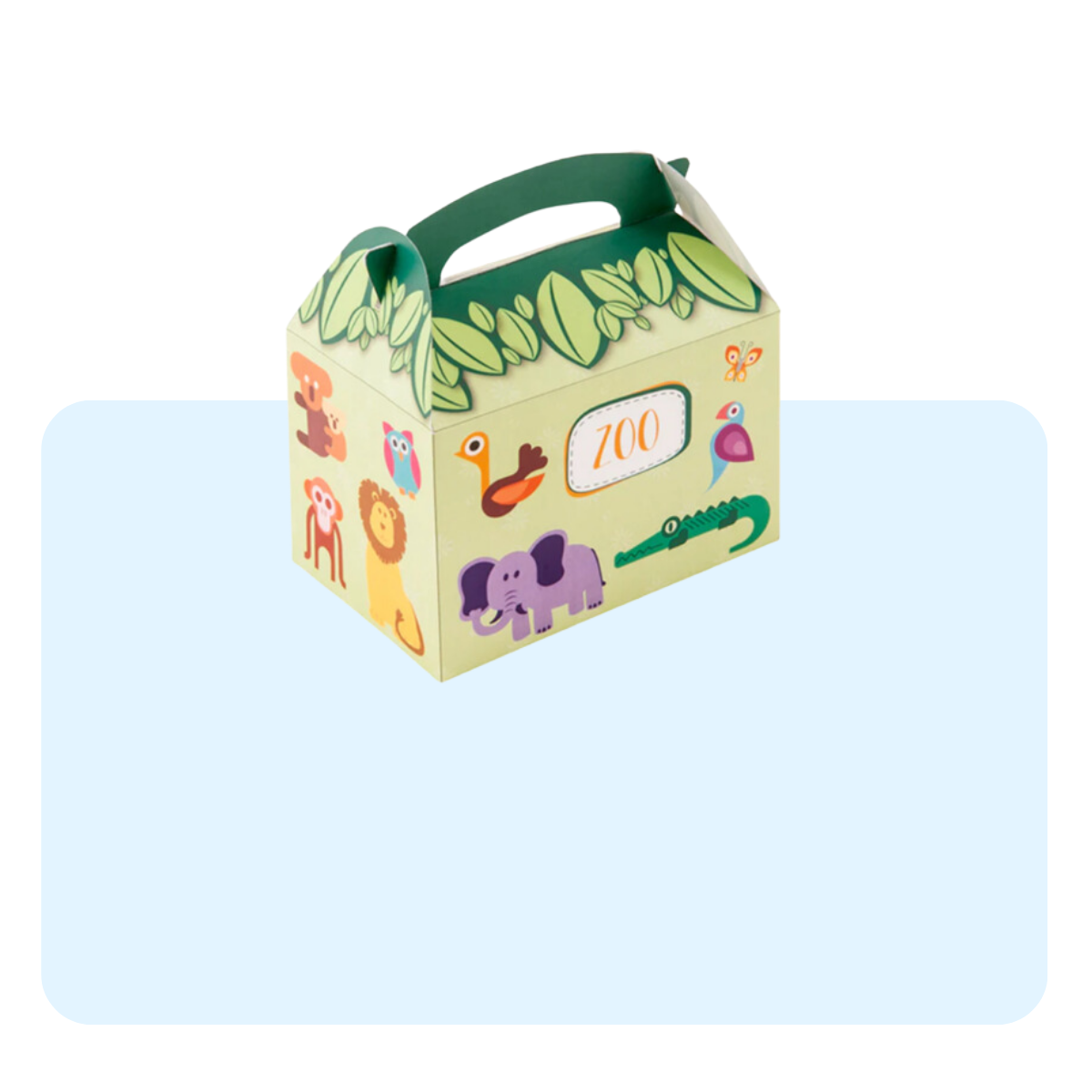 Banner con sfondo azzurro con: meal box con fantasia zoo
