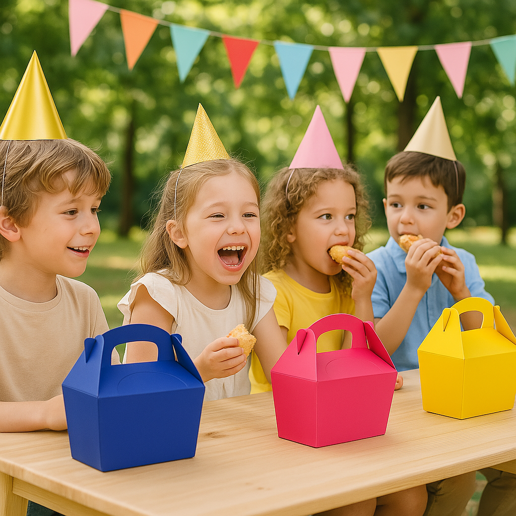 Scatola mealbox per pranzo bambini colore giallo, fucsia e blu disposte su un tavolino durante un party pomeridiano con bambini, all'aperto