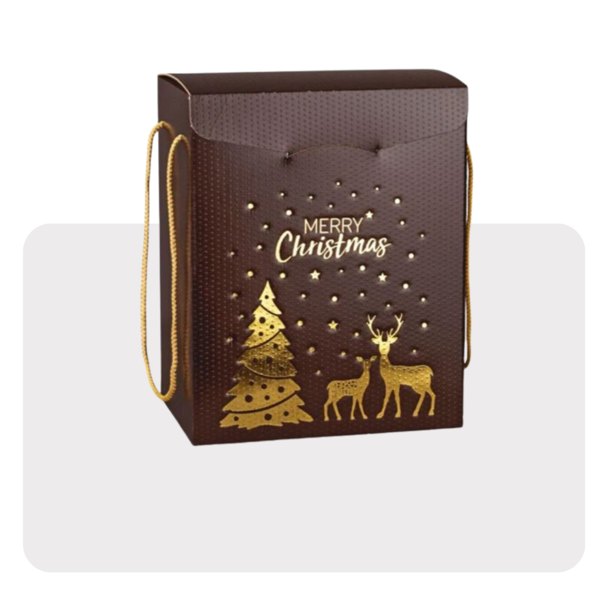 Scatola panettone quadrata marrone con scritte e decori dorati 