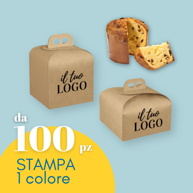 Scatola panettone personalizzata con il tuo logo, in color avana, mostrata per panettone alto e panettone basso. Panettone con una fetta tagliata e scritta: da 100 pz stampa 1 colore