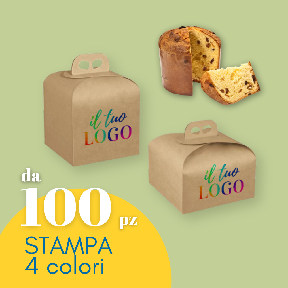 Scatola panettone personalizzata con il tuo logo, in color avana, mostrata per panettone alto e panettone basso. Panettone con una fetta tagliata e scritta: da 100 pz stampa 4 colori
