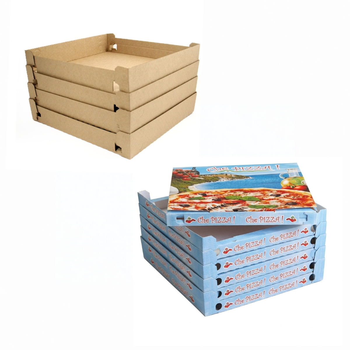 Scatola cubo per pizza impalabile, mostrata color avana e con grafiche generiche 