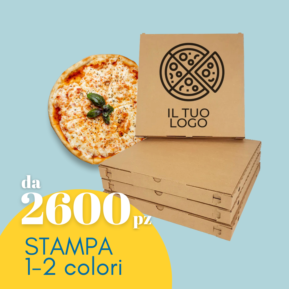 Scatole avana porta pizza asporto personalizzabili con il tuo logo. In primo piano scritta da 2600 pz stampa 1-2 colori