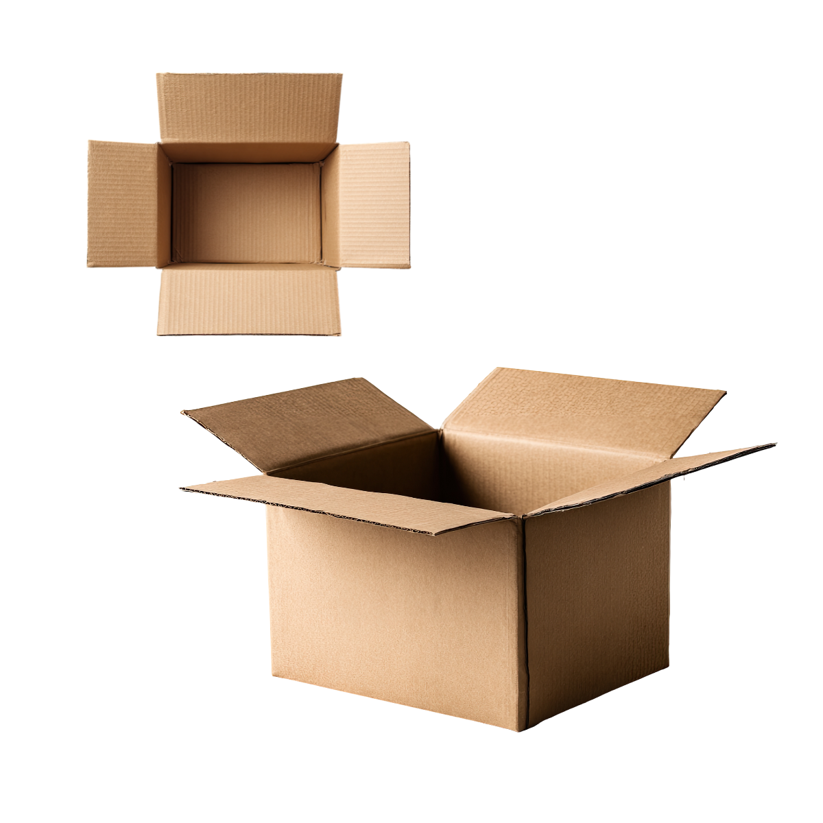 Scatola di cartone aperta vista da due prospettive 