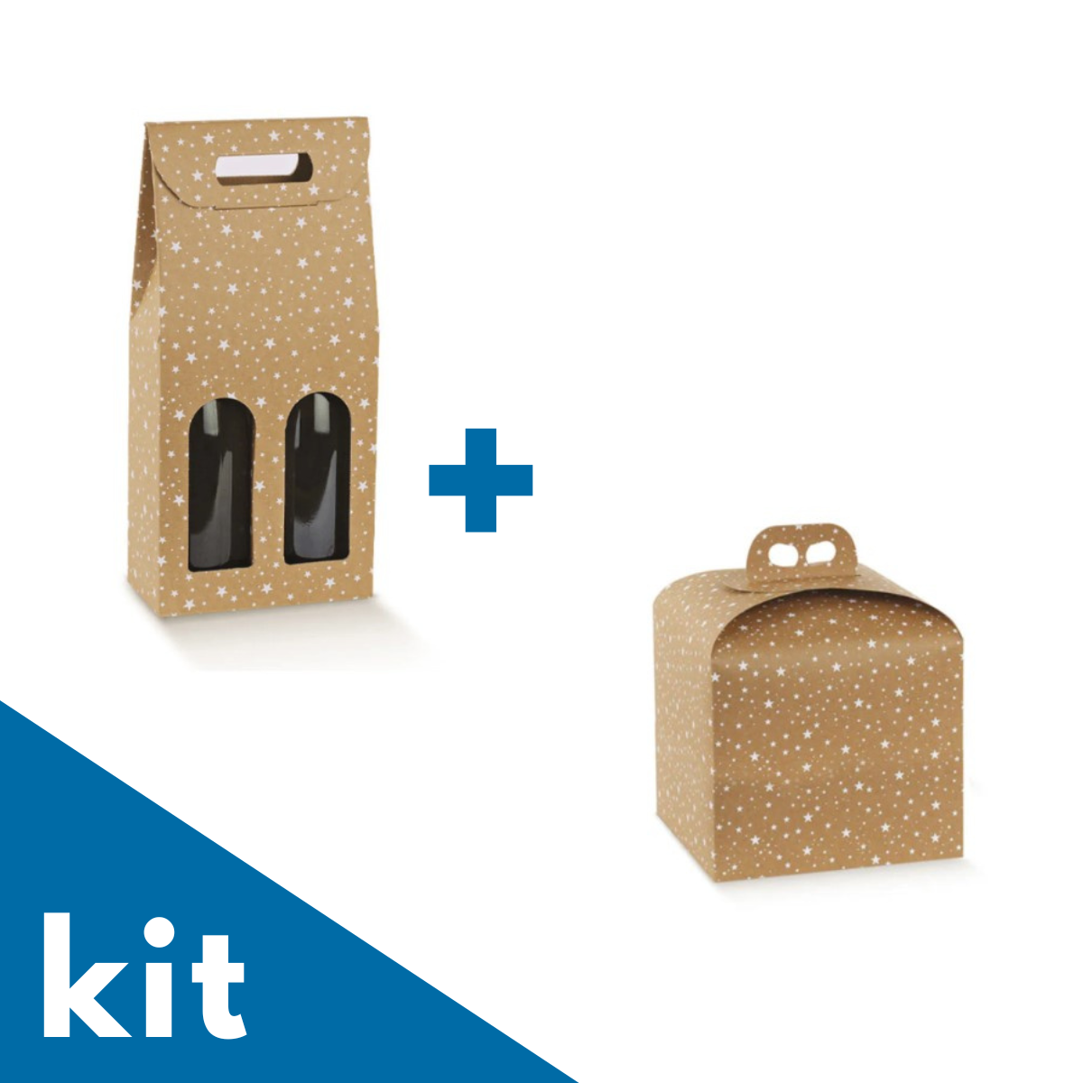 Kit scatola porta bottiglie e scatola panettone, color avana con stelline bianche 
