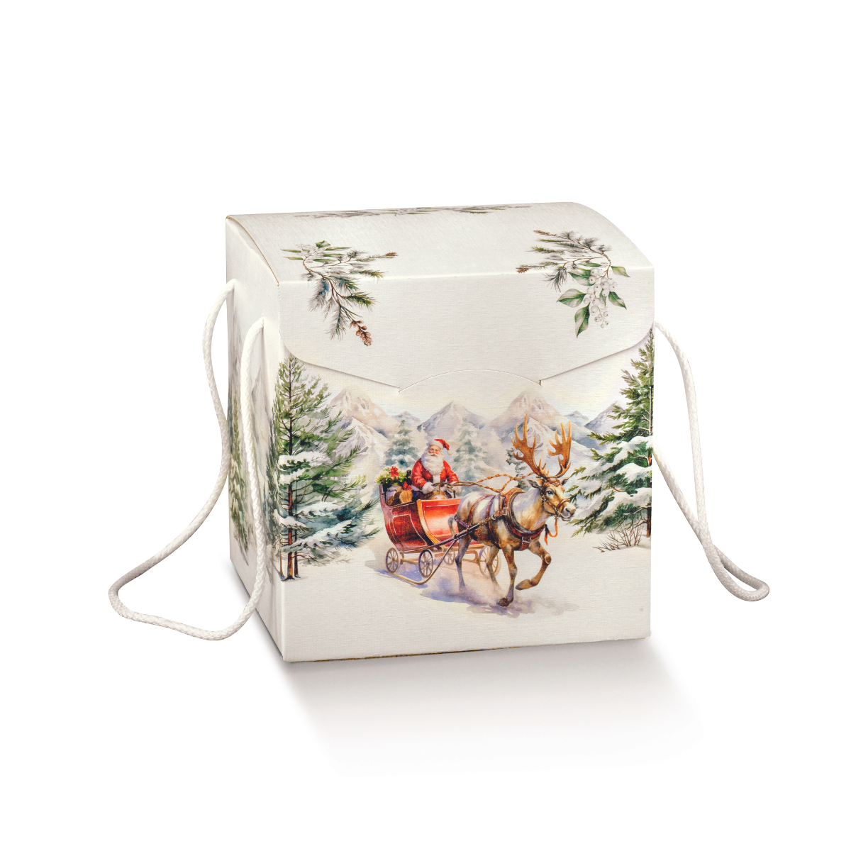 Scatola panettone bianca con cordino e immagine tradizionale natalizia di babbo natale su slitta