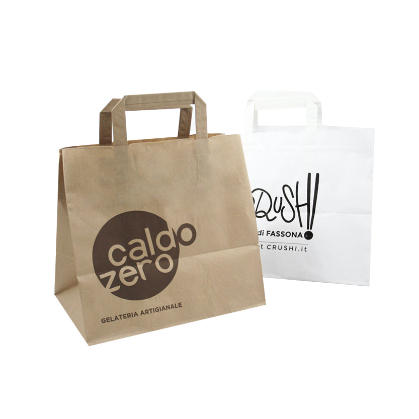 Shopper fondo largo bianche e avana con manico piatto personalizzabili con stampa fino a 4 colori