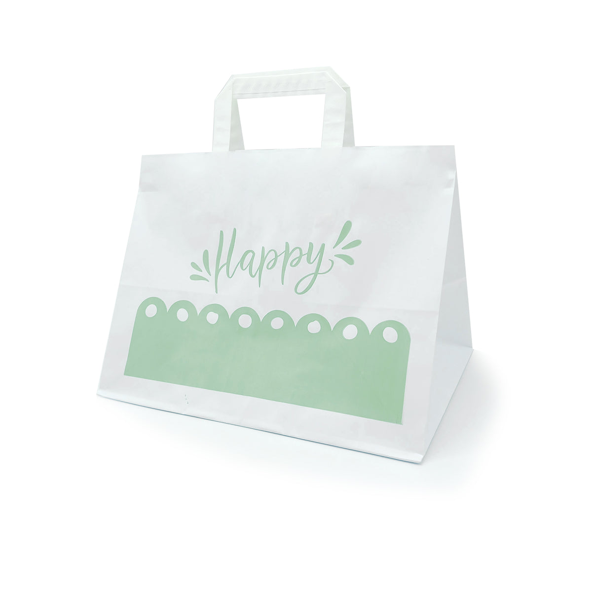 Shopper bianca, a fondo largo, con grafica verde happy