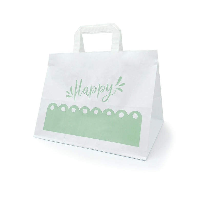 Shopper bianca, a fondo largo, con grafica verde happy