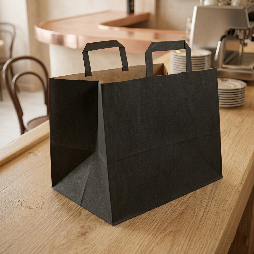 Shopper di carta, nera , a fondo largo, su tavolino di legno