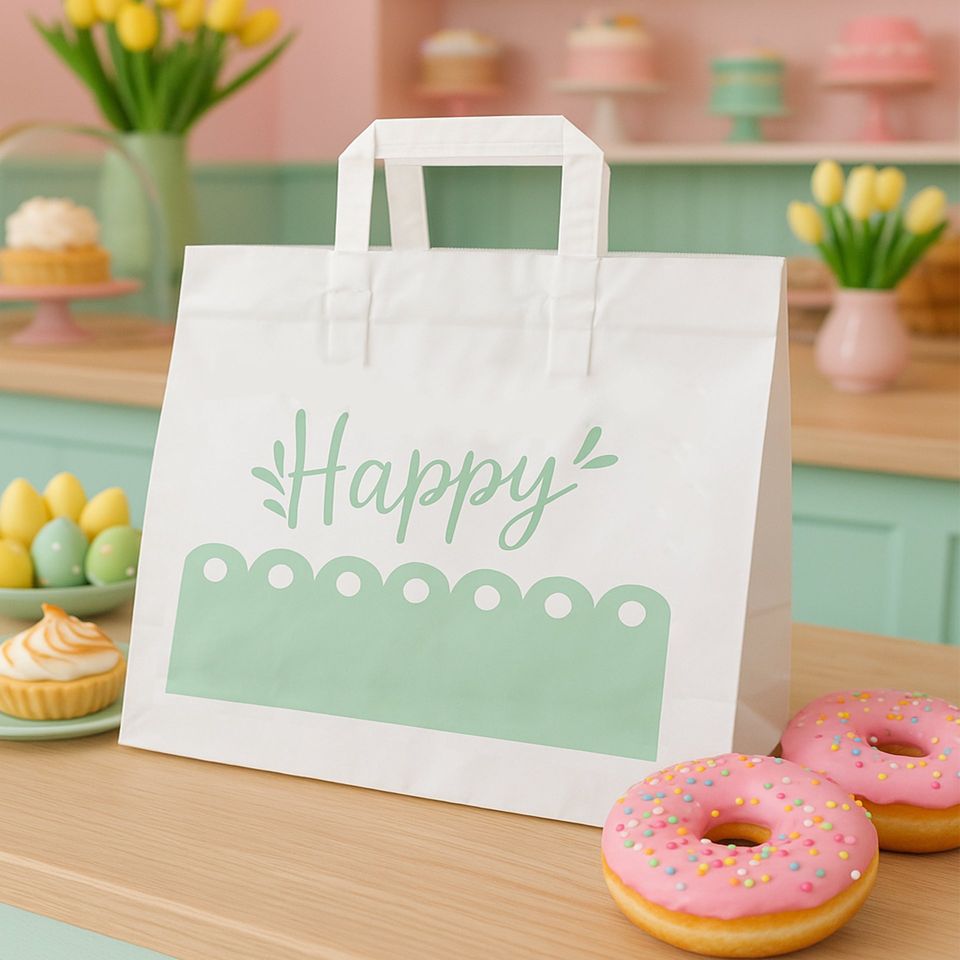 Shopper con grafica happy all'interno di una pasticceria