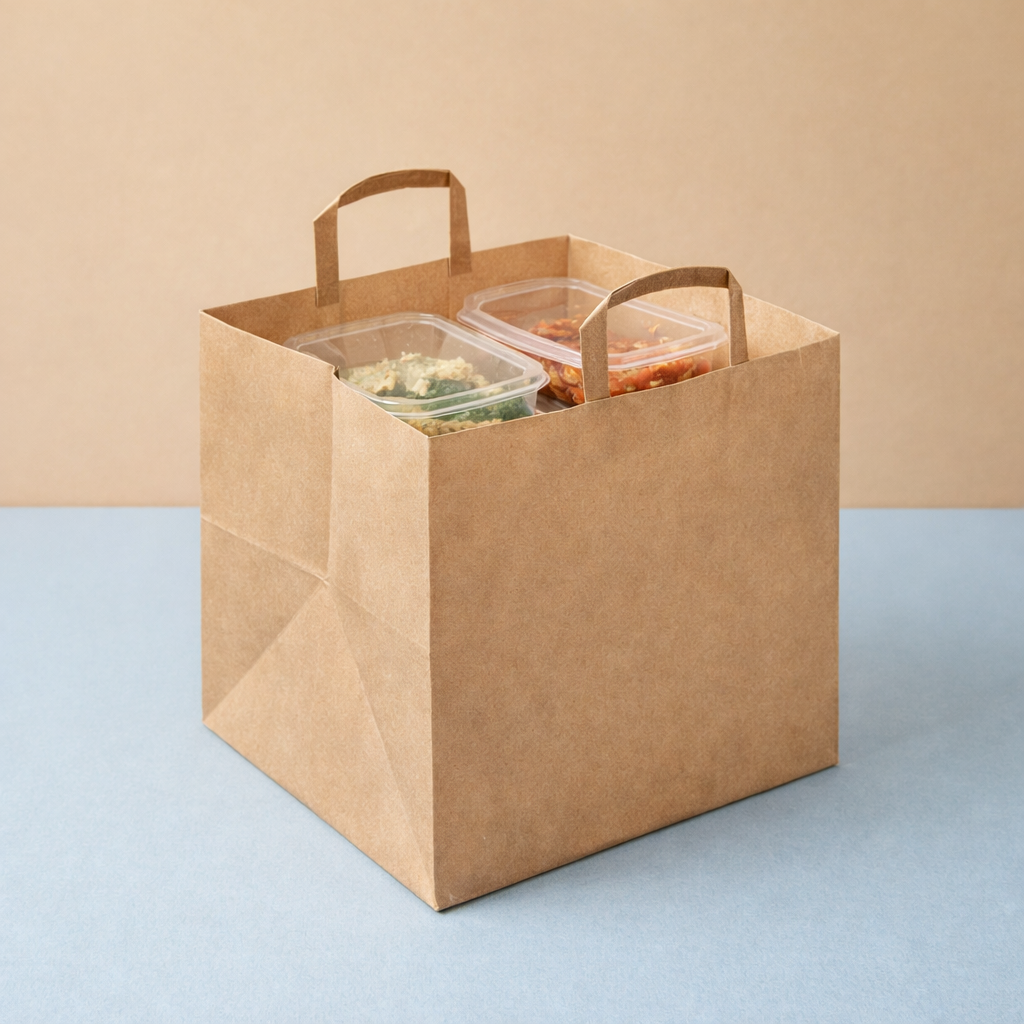 Shopper avana piena di vaschette con cibo 
