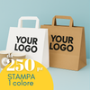 Shopper fondo largo personalizzabile con il tuo logo. Una bianca una color avana. Scritta in primo piano da 250 pz stampa 1 colore