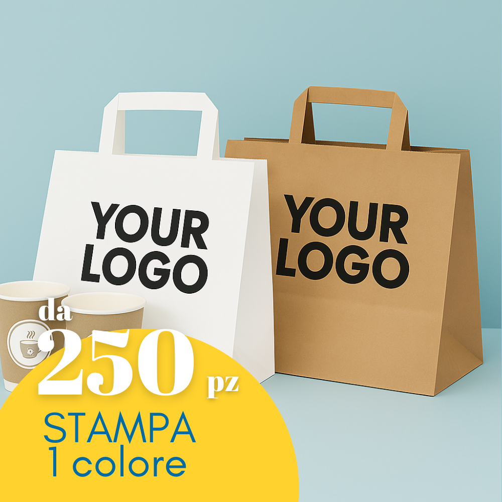 Shopper fondo largo personalizzabile con il tuo logo. Una bianca una color avana. Scritta in primo piano da 250 pz stampa 1 colore