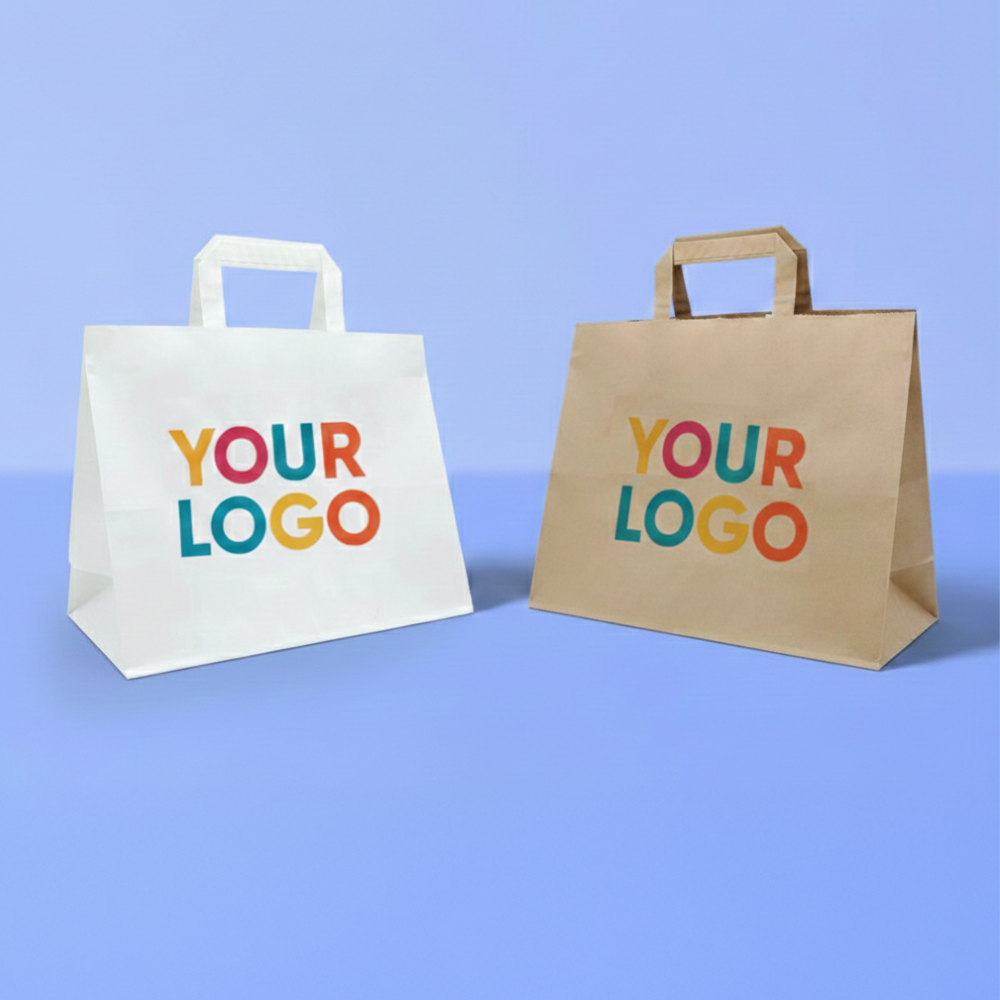 Due shopper di carta con scritta your logo, una bianca ed una avana