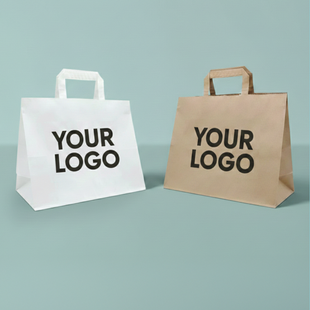 Due shopper di carta con scritta your logo, una bianca ed una avana