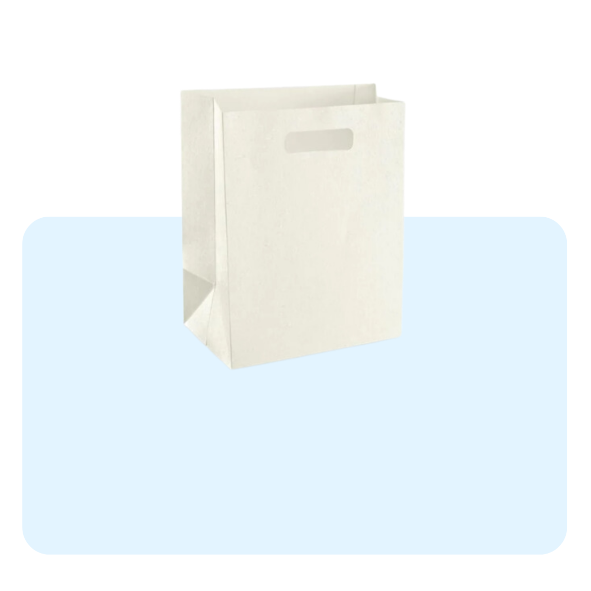 Banner con sfondo azzurro con: shopper quadrata bianca 