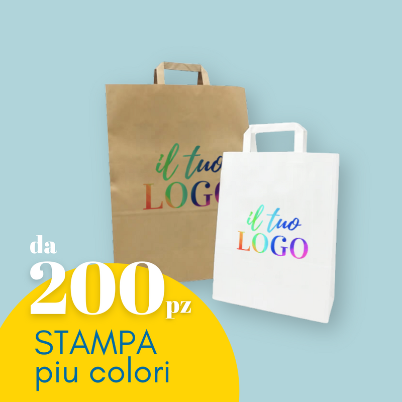 Shopper manico piatto personalizzabili con il tuo logo. Una avana ed una bianca. Scritta in primo piano da 200 pz stampa piu colori