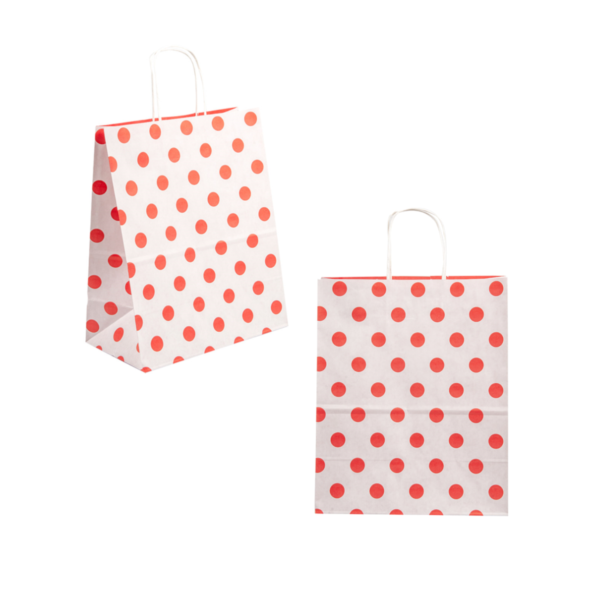 Shopper a pois rossi, mostrata da due prospettive differenti 