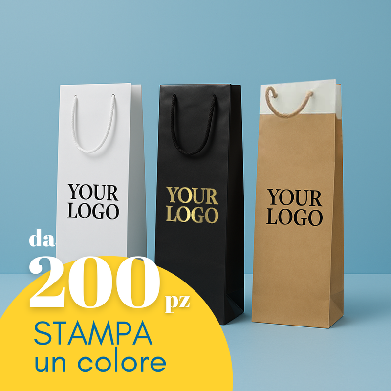Shopper di carta per bottiglia di vino, una bianca, una nera, una color avana personalizzate con il tuo logo