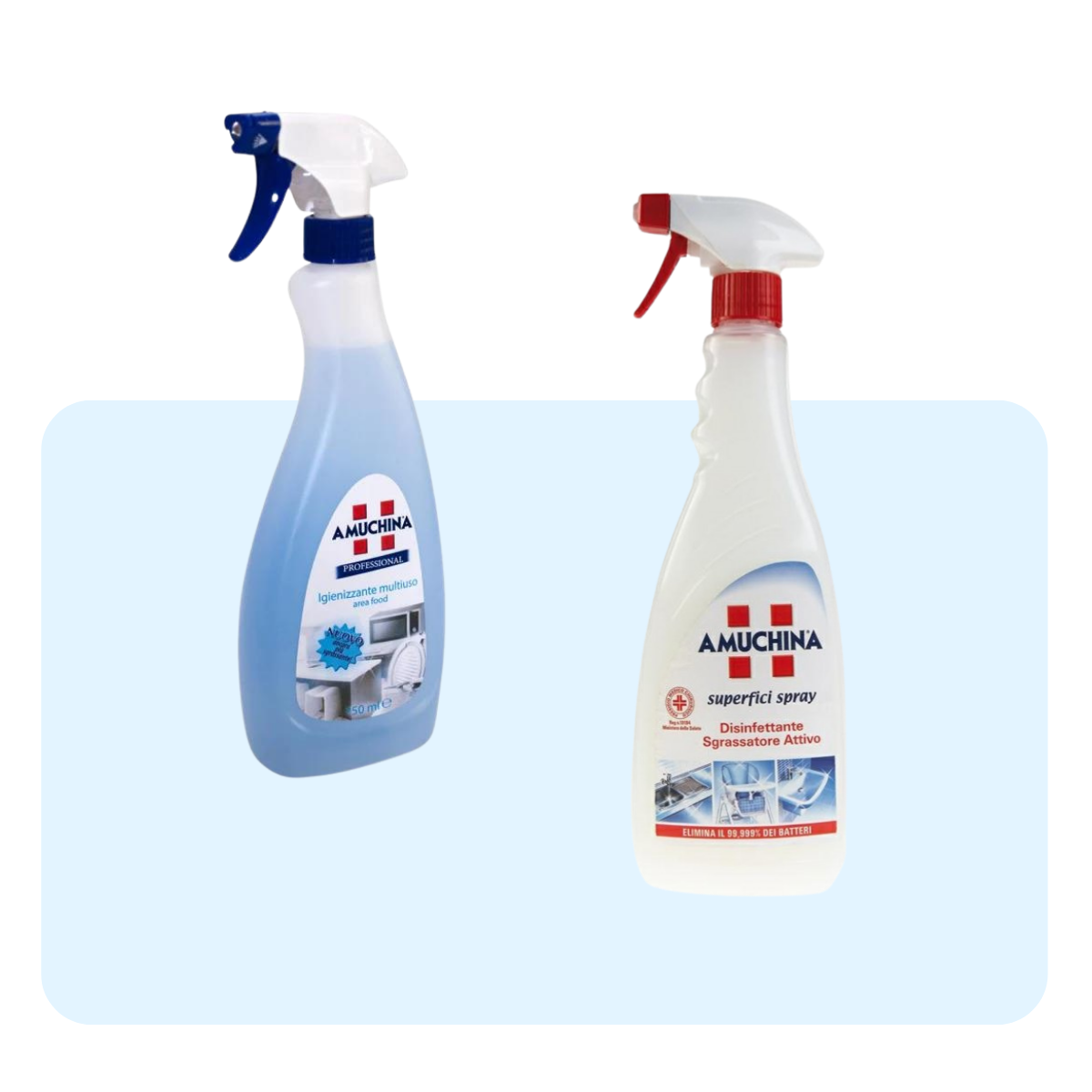 Banner sfondo azzurro con due diversi tipi di spray igienizzante amuchina