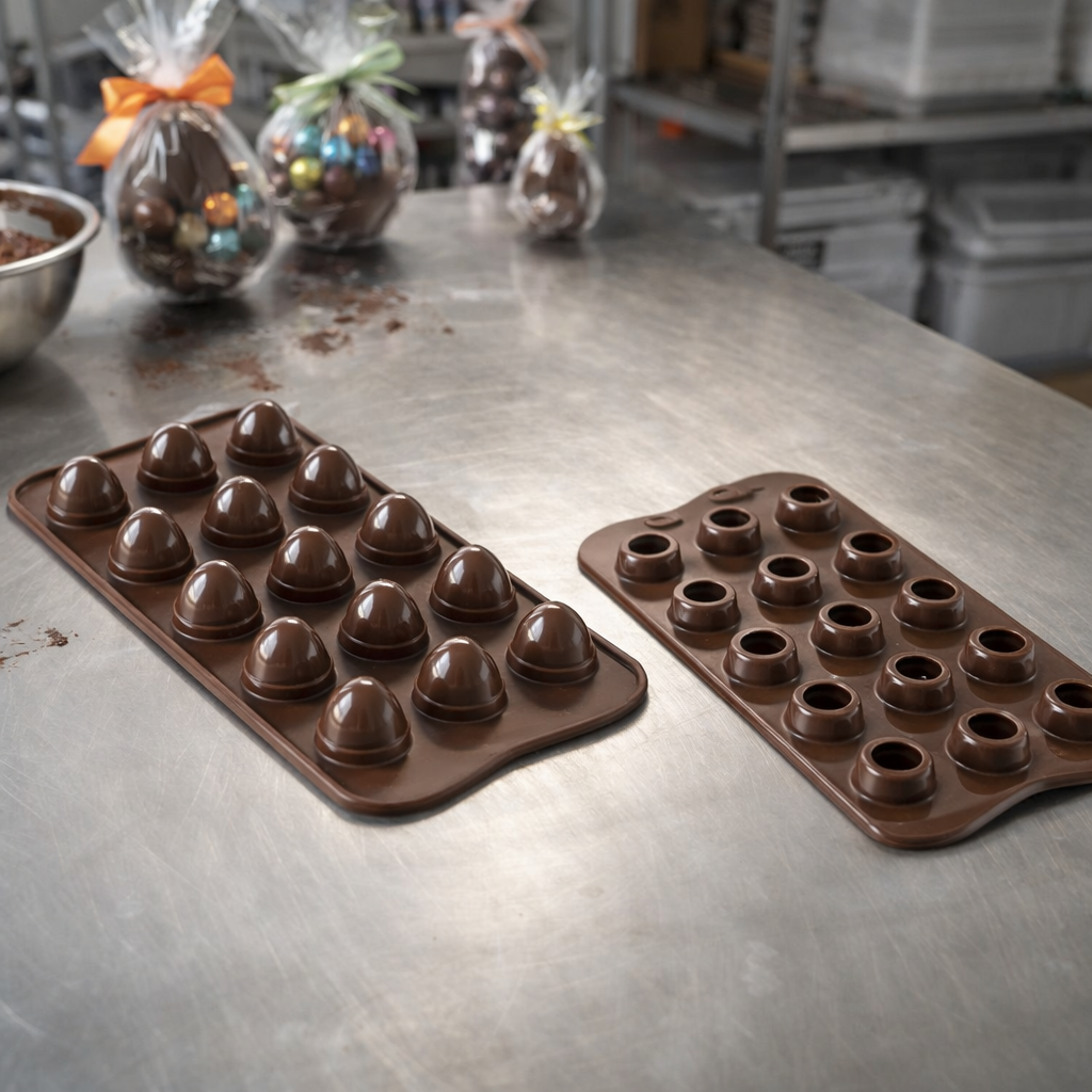 Stampo in silicone per ovetti di cioccolato su il tavolo di lavoro di  una pasticceria 