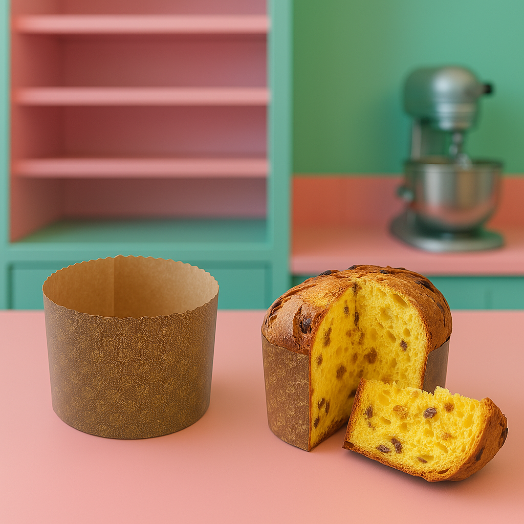 Stampo per panettone alto, mostrato vuoto e mostrato con un panettone all'interno. Posti sul tavolo di una pasticceria
