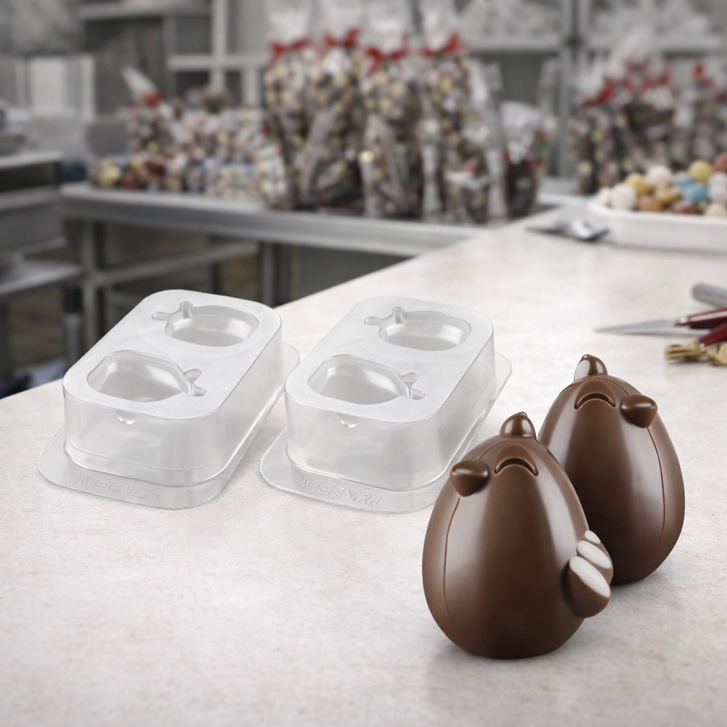 Stampi pasquali a forma di pulcino per uova di cioccolata su il piano di una pasticceria 