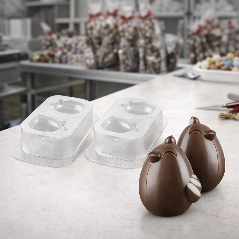 Stampi pasquali a forma di pulcino per uova di cioccolata su il piano di una pasticceria 